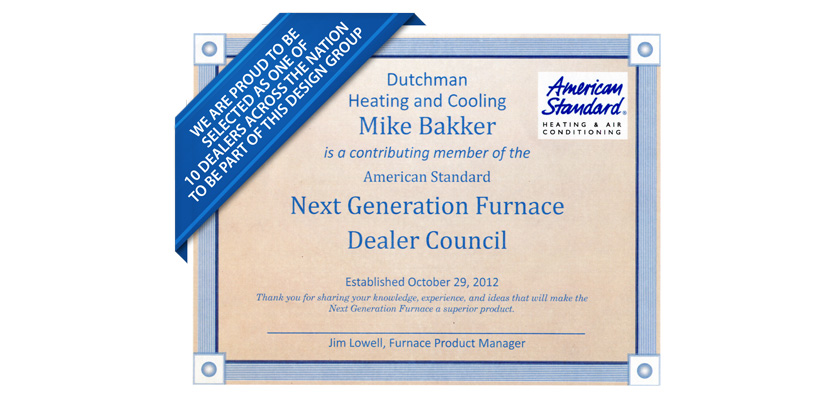 American Standard Next Generation Furnace Dealer Council Award